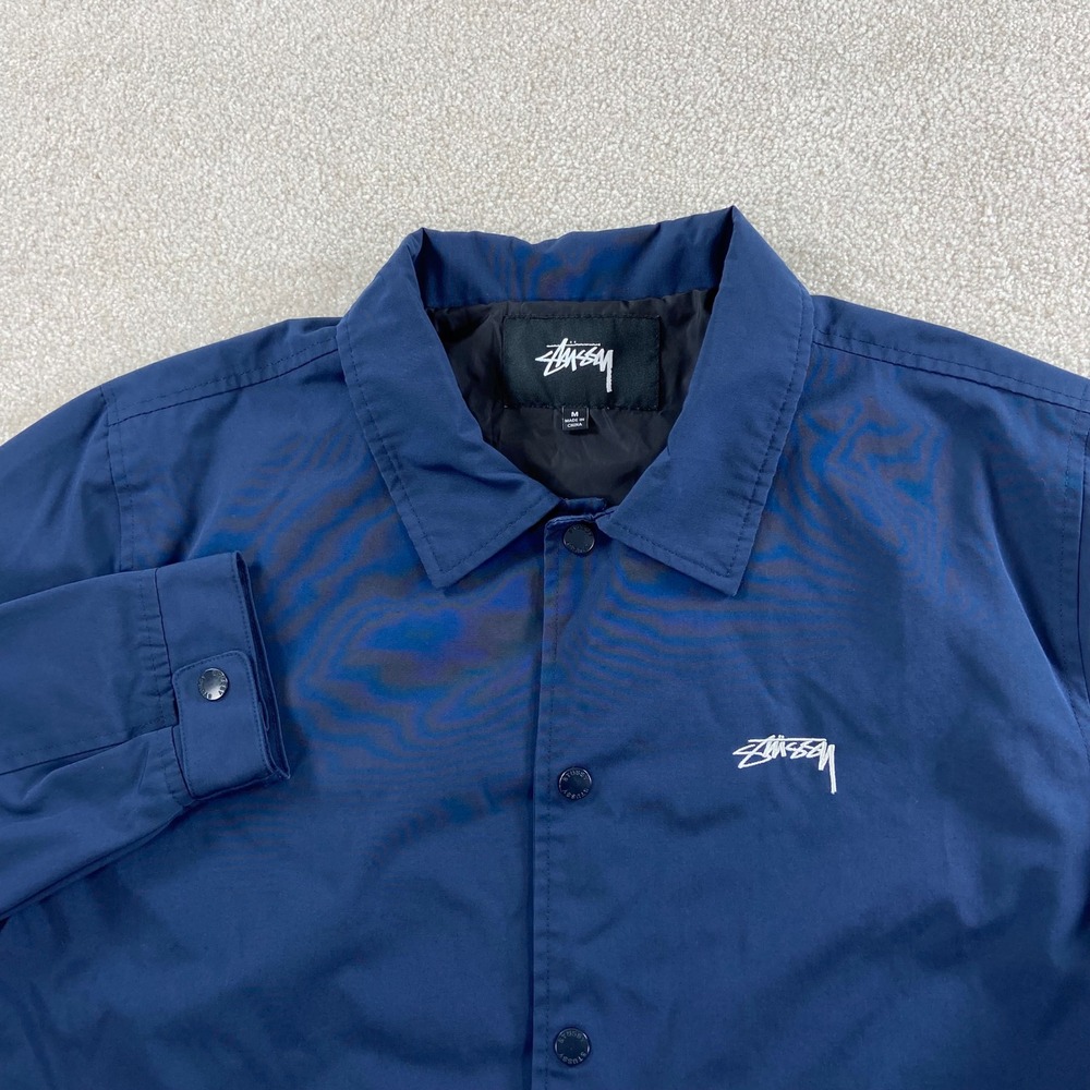 Stussy Coach Jacket Mens Size M Navy Blue Embroidered Logo Snap Front